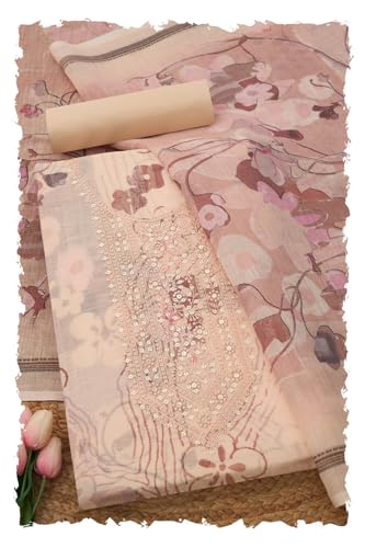 Soch Womens Cream Linen Blend Floral Print Unstitch Dress Material With Sequins