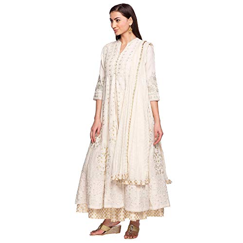 BIBA WOMEN EMBROIDERY FLARED SALWAR KURTA DUPATTA(SKD5876_OFF WHITE_36)