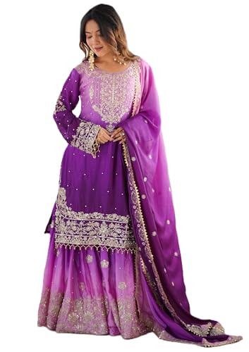 Leeli Peeri Designer Women's Chinon Silk Embroidery Light Purple Kurta Sharara Set With Dupatta(45PDM14-M)