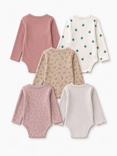 TuddyBuddy 100% Cotton Multi Color Romper/Bodysuit/Onesies for Baby Girl - (Pack of 5-2 Solid 3 Printed - Long Sleeves, 9 Months-12 Months)