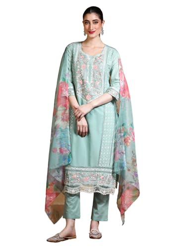 Varanga Women Thread Embroidered Kurta With Trouser & Floral Printed Dupatta