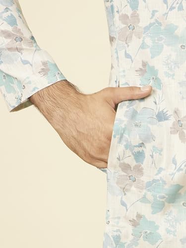 Manyavar Men's Aqua Green Floral Printed Kurta (M)