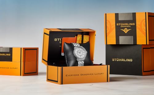 Stuhrling Original Celestia 4080 Women’s 38mm Quartz Watch – Crystal Bezel, Sunray Dial, Roman Numerals, Date Display, Stainless Steel Bracelet, Butterfly Clasp, Silver