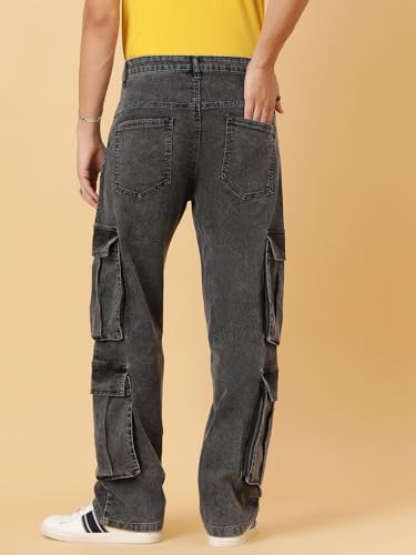 KOTTY Men's Solid Mid Rise Straight Fit Stylish Looking Cargo Jeans(Grey,30)