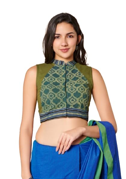 S SALWAR STUDIO Green Batik Pure Cotton Stand Collar Readymade Blouse