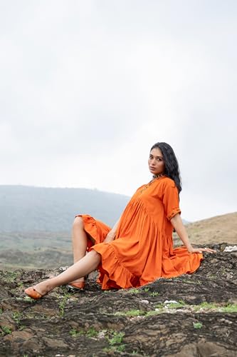 MIORAH Ethnic Dress for Women and Girls, Western Slub Cotton V Neck One-Piece for Women’s, Stylish Oversized Half Sleeve Midi Dress, Hand Embroidery with Metal Sequins (Colour- Orange, Size- 3XL)