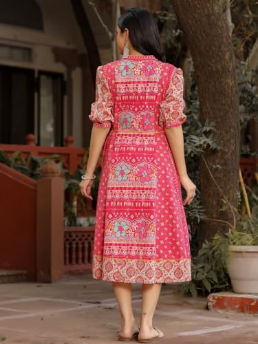 Juniper Pink Floral Printed Pure Cotton Dress & Doris with Beads Work