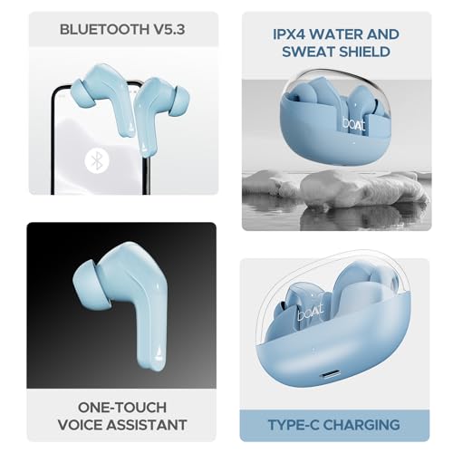 boAt Airdopes 311 Pro, 50HRS Battery, Fast Charge, Dual Mics ENx Tech, Transparent LID, Low Latency, IPX4, IWP Tech, v5.3 Bluetooth Earbuds, TWS in Ear Earbuds Wireless Earphones with mic (Dusk Blue)