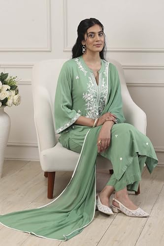 BIBA Women Green Viscose Rayon Straight Suit Set_36