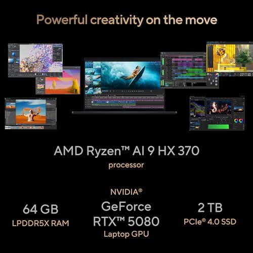 ASUS ProArt P16 OLED (2025), AMD Ryzen AI 9 HX 370, RTX 5080-16GB,64GB RAM, 2TB SSD, 16"/40.64cm Touchscreen, 4K, 120Hz,Windows 11,M365 Basic (1Year)*/Office 2024, Nano Black, 1.95Kg,H7606WW-SE023WS