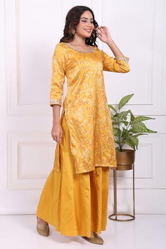 W for Woman Yellow Floral Jacquard Straight Kurta with Sharara and Dupatta Set - (WS13244-314323-S)