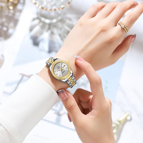 NIBOSI Watches for Woman Analog Quartz Stainless Steel Diamond Rose Gold Green Small Dial Women Watches Classic Wrist Watch Date Waterproof (A02-Gold Silver White)