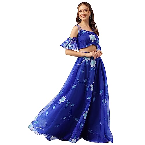 Divena Blue Floral Hand Paited Organza Lehenga choli with Friled Dupatta Set