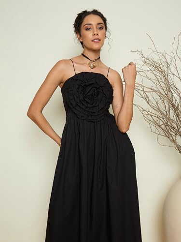 Pink Paprika by Sassafras Women Black Poplin Front Corsage Strappy Maxi Dress L