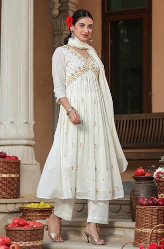 Janasya Women's Off White Pure Cotton Embroidered A-line Kurta Set (JAA25ST02097-S)