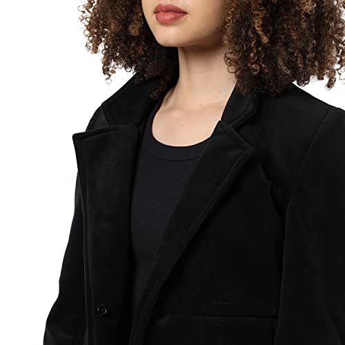 Campus Sutra Women Black Solid Regular Fit Blazer for Winter Wear | Collared Neck | Full Sleeve | Buttoned | Casual Jacket for Woman & Girl | Western Stylish Jacket for Women