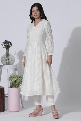W for Woman Off-White Cotton Blend Anarkali Embroidered Kurta, Straight Pants and Dupatta Set (Size: 3XL)-24FESP10670-313617