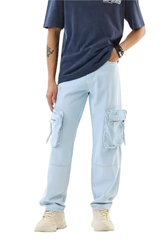 SNITCH Men Jeans | Baggy Fit with Mid Rise & Wide-Leg Design | 100% Cotton Woven Fabric with Light Fading | Casual & Streetwear Style for Summer Comfort |Light Blue