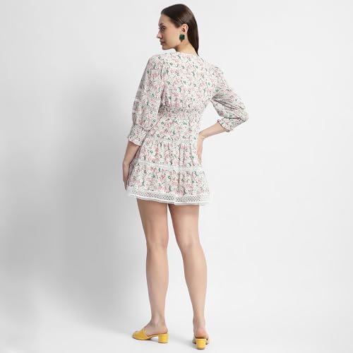 Madame Ditsy Floral Print V-Neck Mini Dress Off White