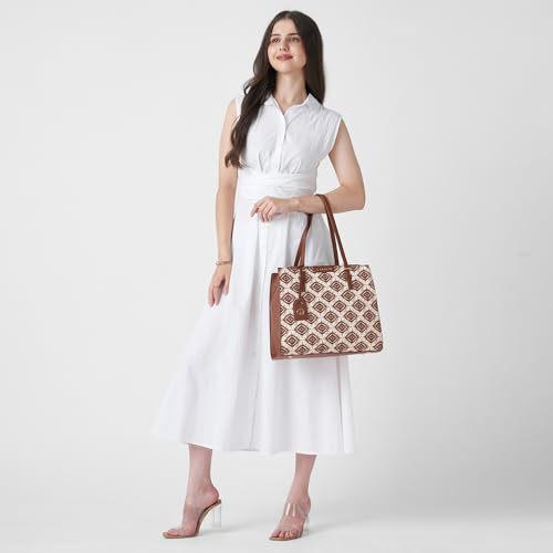 Caprese Shibori Medium Satchel Bag for Women | Printed Faux Leather Shoulder Bag with Adjustable & Detachable Strap | Multi-Compartments | Zipper Closure | Everyday Office, Travel & Casual Use (Brown)