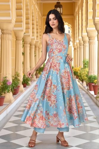 W for Woman Floral Printed Sequined Flared Chanderi Kurta with Pant and Dupatta Set - Turquoise (WS13204-126198-XS)