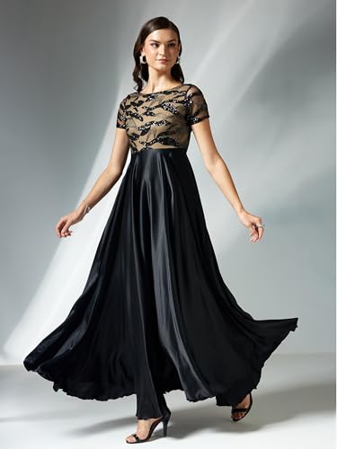 Miss Chase Women's Boat-Neck Short-Sleeve Abstract Fit & Flare Satin Maxi Dress (MCAW25D86-23-62-04, Black, M)