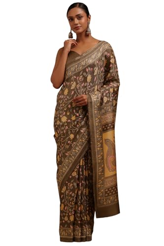 Soch Womens Brown Art Silk Madhubani Print Saree
