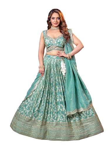 ADHIA Women's Embroidered Lehenga Choli with Dupatta | Silk Blend Wedding Lehenga Set | Traditional Indian Dress (Lehenga, Dupatta, Blouse, Light Green, Size - L)