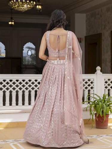TRENDMALLS Women's Georgette Sequin Embroidery Work Lehenga Choli with Dupatta For Women (L300-LightPink-Semi-Stitch)