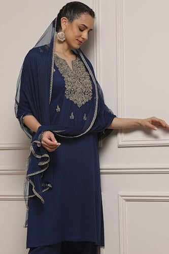 Biba Women Blue Viscose Rayon Straight Solid Suit Set_42