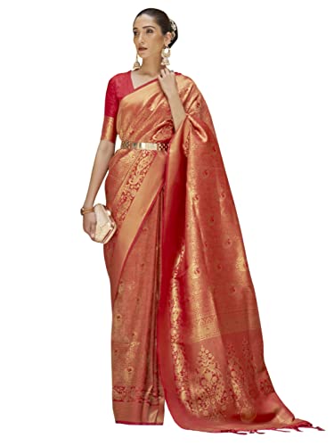 AKHILAM Women's Banarasi Silk Woven Design Saree with Unstitched Blouse Piece(Red_KINKB198006)