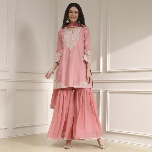 Biba Women Light Pink Cotton Silk Embroidered Straight Suit Set_40