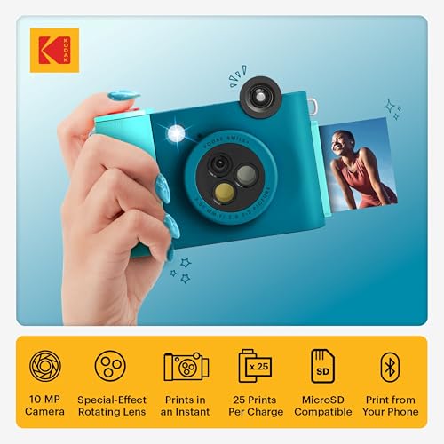 KODAK Smile+ 2-in-1 Digital Instant Camera & Photo Printer Starter Bundle - Deluxe Case + Zink 20pk Paper - 10MP, Rotating Lens - Blue