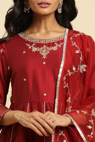 W for Woman Dark Red Zari Embroidered Festive Kurta, Pant and Dupatta Set_24AUWS10267-220298_XL