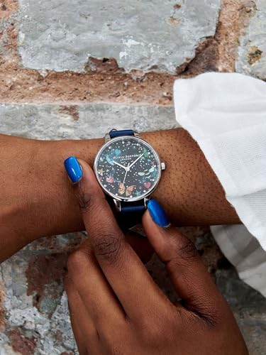 Olivia burton Night Garden Qtz Basic Slim White Mother of Pearl & 3D Print & Stone Round Dial Women's Watch|Navy Leather Material|Navy Color Band - OB16WG86