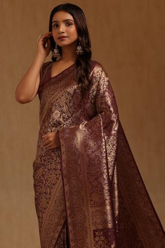 Soch Womens Wine Tussar Floral Zari Woven Saree
