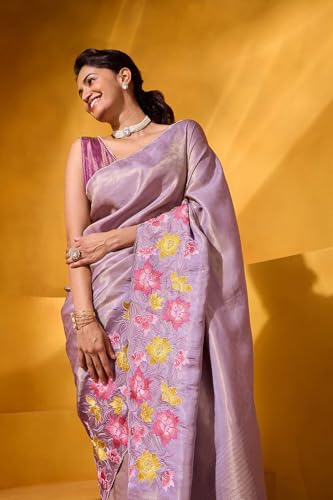 Taneira Women Violet Viscose Tissue Embroidered Saree with Unstitched Blouse Piece (SAPP01AA0723-Violet)