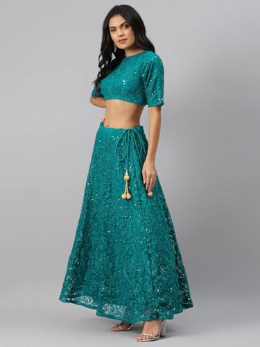 Zeel Clothing Womens Thread Sequins Embroidery Work Soft Net Semi Stitched Lehenga And Choli Set With Dupatta (6017-Teal-Green-Women- Lehenga-Choli; Free Size)