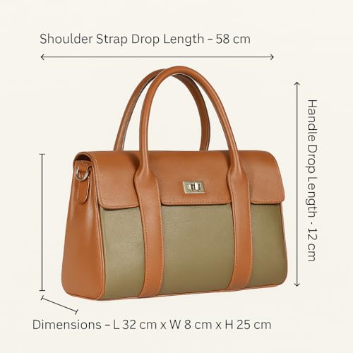 eske Noah Flap Handbag for Women Genuine Leather Satchel with Twist Lock Closure Dual Handles Detachable Sling Strap 1 Compartment Zipper and Slip Pockets Office Purse (Taupe Cognac)