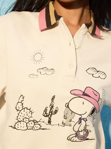 The Souled Store Peanuts Wild West : Women and Girls Short Sleeves Spread Collar Off-White Embroidered Cotton Regular Fit Breathable Lightweight Streetwear Everyday Polo T-Shirts