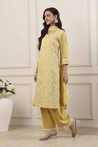 Biba Women Yellow Zari Cotton Tissue Straight Suit Set_32