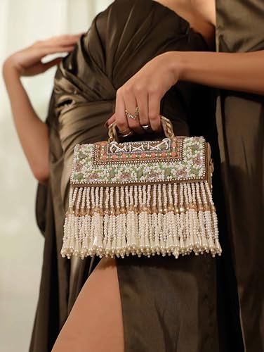 THE TAN CLAN Kiara Beige Flap Over Bag Clutches for women Purses Luxury Evening Handbags for ladies with Handle