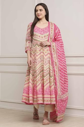 Biba Women Pink Cotton Printed Anarkali Suit Set_42