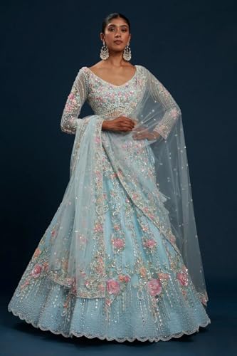 Women's Sky Blue Net Panel Style Reception Lehenga
