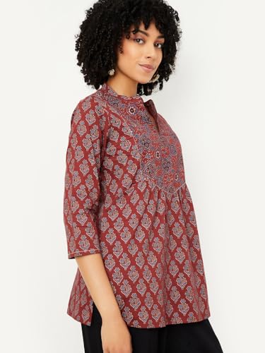 Max Women Print Straight Short Kurti (Maroon_L)