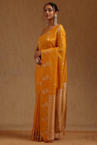 Soch Womens Yellow Tussar Floral Zari Woven Saree