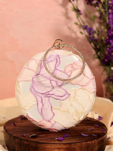 THE TAN CLAN Pink Floral Embroidered Clutch Purse For Women Stylish Bridal Handbag Round Designer Clutch Bag For Women Wedding Ethnic Fancy Purse With Chain And Metal Handle Luxury