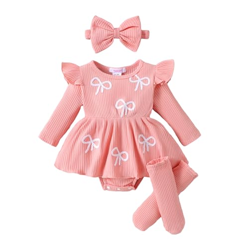 Hopscotch Girls Flutter Sleeve Bow Embroidered Onesie in Pink Color For Age (0-3 Months)