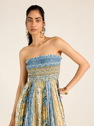Label RITU KUMAR Blue Ecru Renelle Offshoulder Dress