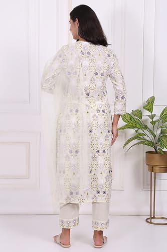 W for Woman White Floral Printed Embroidered Pure Cotton Straight Kurta, Pants and Dupatta Set - (WS12421-401366-XS)